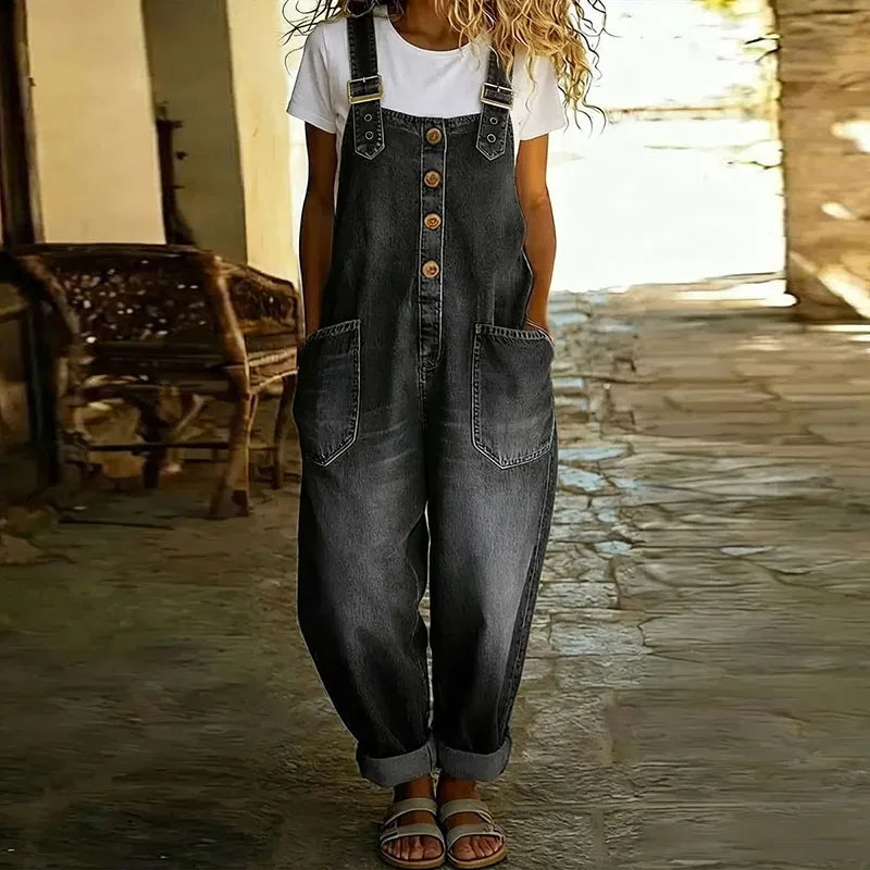 Mae | Miękkie jeansowe ogrodniczki vintage z regulowanymi szelkami