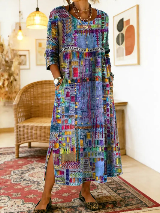 Manuela | Jeansowa sukienka patchwork w etniczne wzory