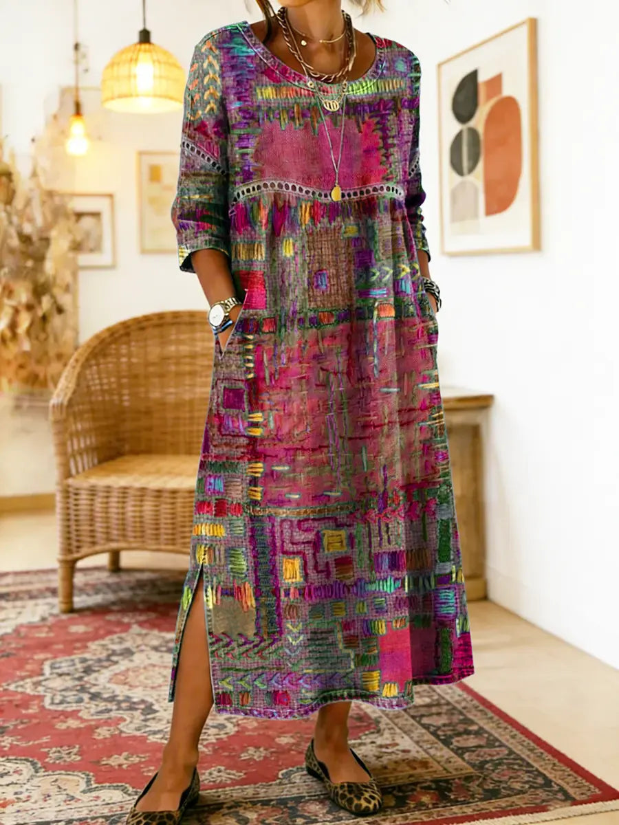 Manuela | Jeansowa sukienka patchwork w etniczne wzory