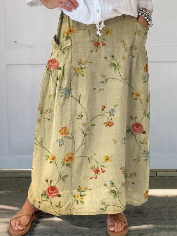 Mella | Elegancka spódnica retro w kwiaty z gumką i kieszeniami