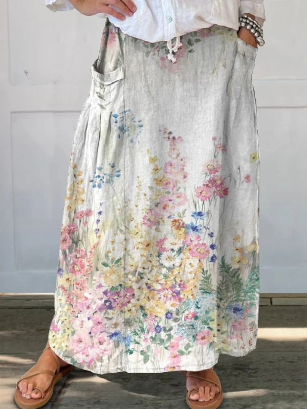 Mella | Elegancka spódnica retro w kwiaty z gumką i kieszeniami