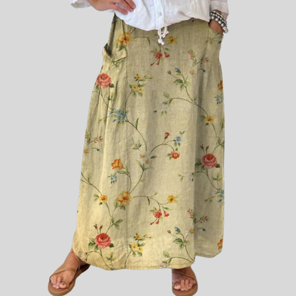 Mella | Elegancka spódnica retro w kwiaty z gumką i kieszeniami