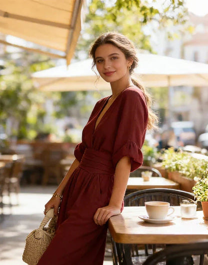 Daniela | Elegancki kombinezon z dekoltem V i szerokimi nogawkami