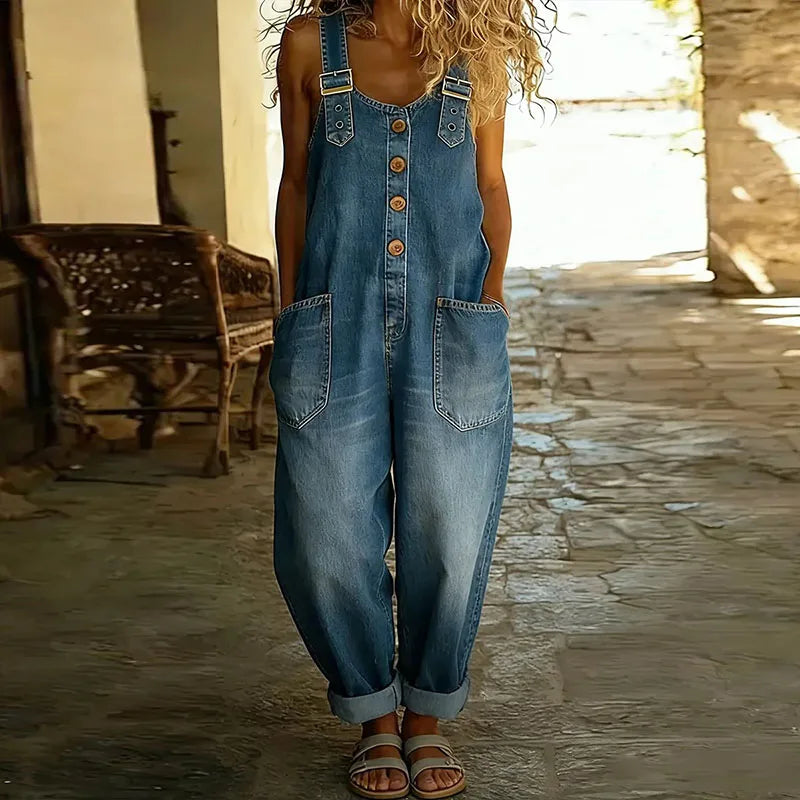 Mae | Miękkie jeansowe ogrodniczki vintage z regulowanymi szelkami