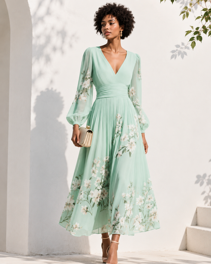 Elegancka długa sukienka z głębokim dekoltem V i długim rękawem