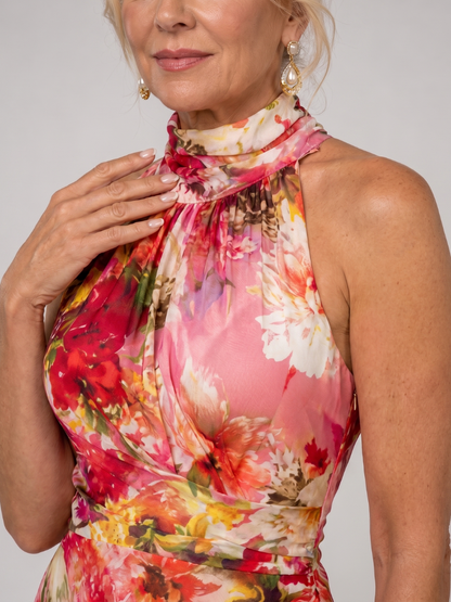 Elisabetta | Długa sukienka w kwiaty z dekoltem halter