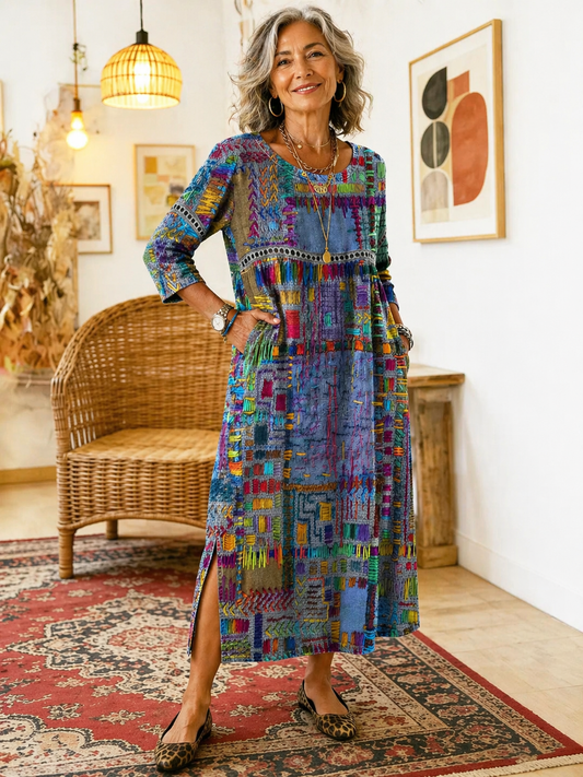 Manuela | Jeansowa sukienka patchwork w etniczne wzory
