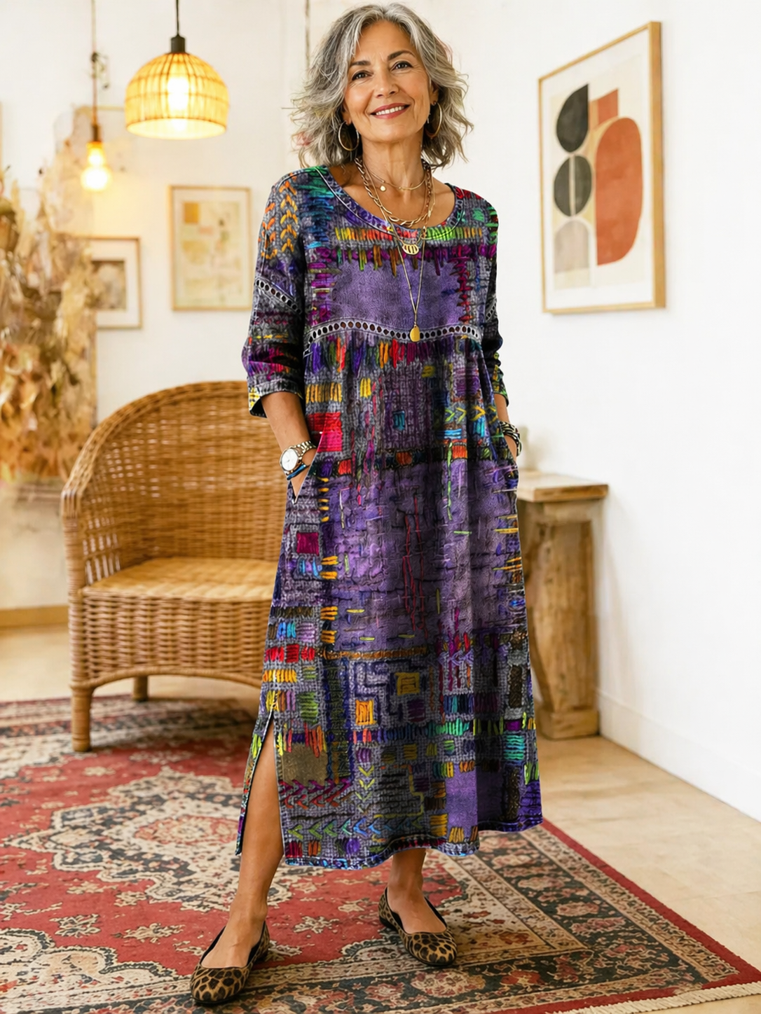 Manuela | Jeansowa sukienka patchwork w etniczne wzory