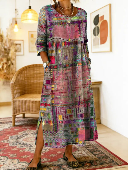 Manuela | Jeansowa sukienka patchwork w etniczne wzory