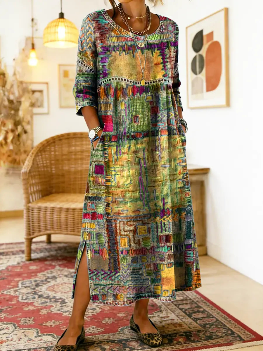 Manuela | Jeansowa sukienka patchwork w etniczne wzory