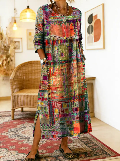 Manuela | Jeansowa sukienka patchwork w etniczne wzory
