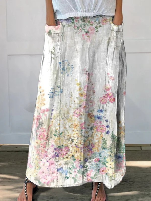 Roxane | Spódnica vintage w botaniczne kwiaty z kieszeniami i gumką