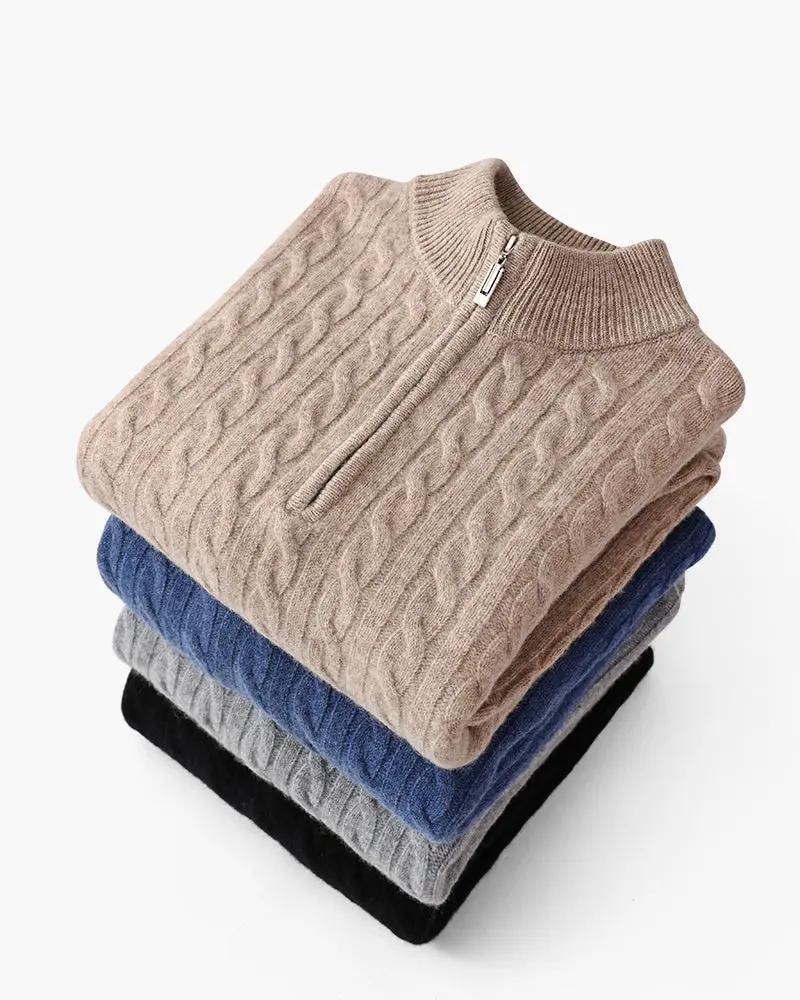 Sweter z krótkim zamkiem ze 100% tkanego kaszmiru